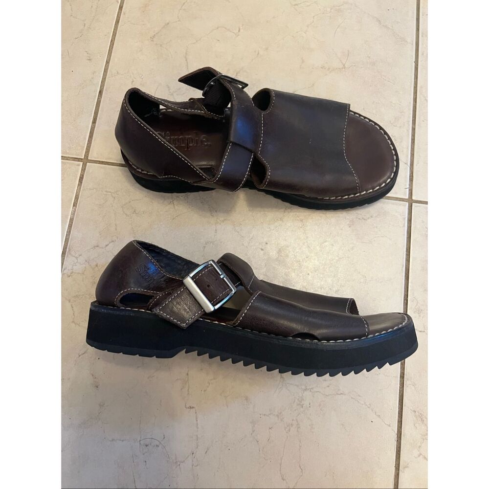Vintage 90s Simple Dark Brown Leather Chunky Buckle Lug Sandal Women's Size 9